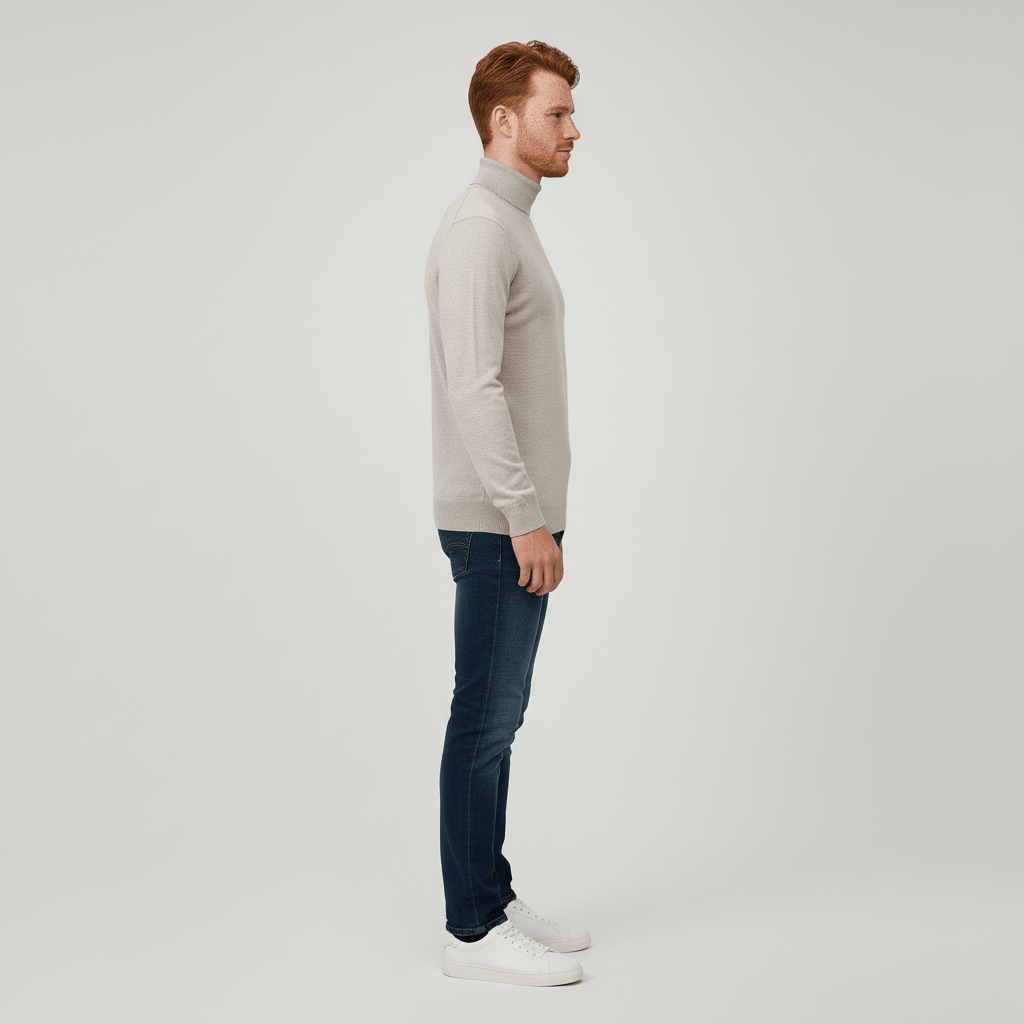 Men's Slim Fit Roll Neck Sweater in Beige - alternate angle showing fit and fabric detail