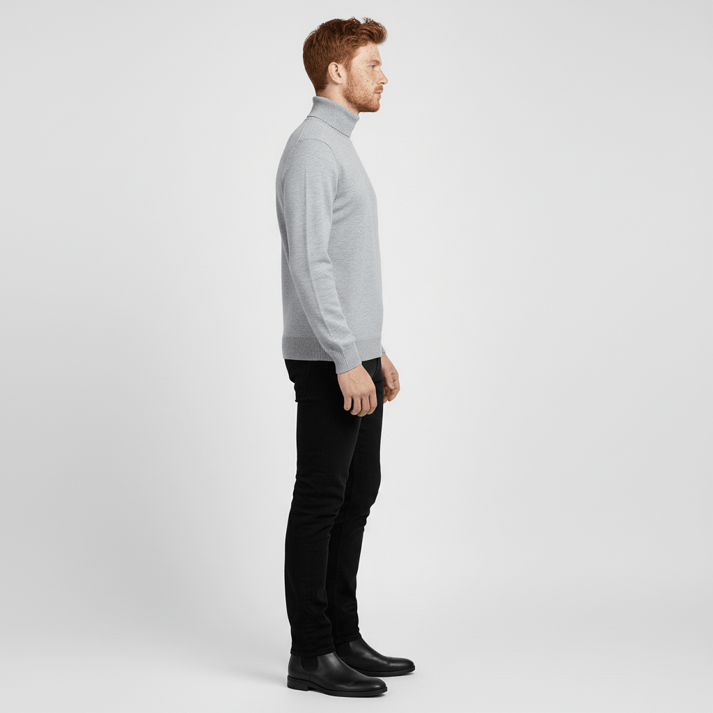 Men's Slim Fit Roll Neck Sweater in Beige - alternate angle showing fit and fabric detail