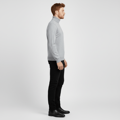 Men's Slim Fit Roll Neck Sweater in Beige - alternate angle showing fit and fabric detail