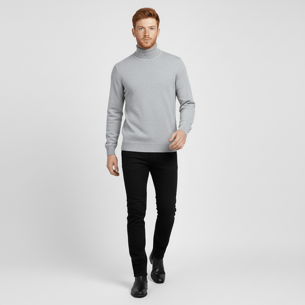 Men's Slim Fit Roll Neck Sweater in Beige - alternate angle showing fit and fabric detail