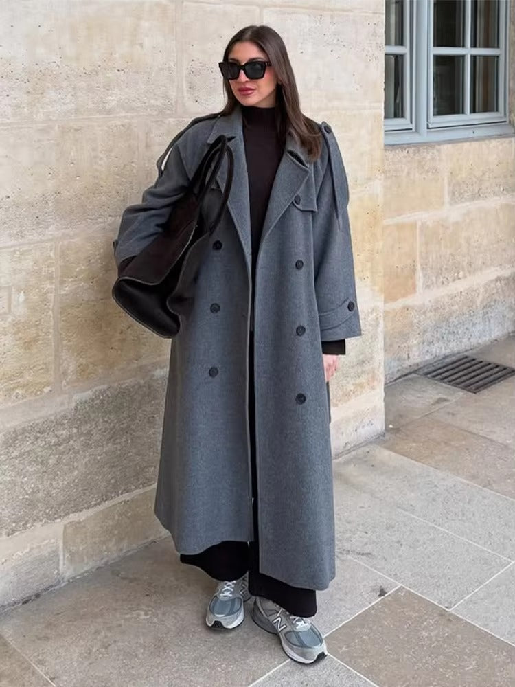 Women's Long Double-Breasted Trench Coat in Grey - front view