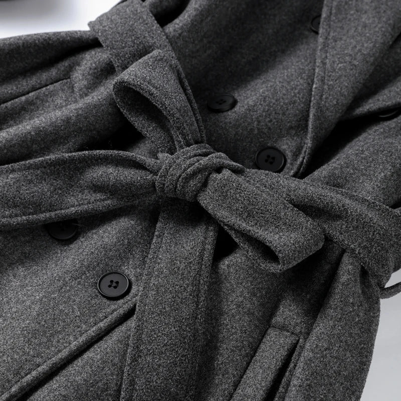 Women's Long Double-Breasted Trench Coat in Bordeaux - alternate angle showing fit and fabric detail
