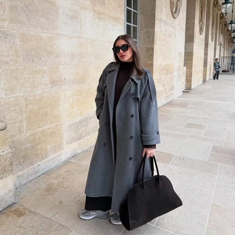 Women's Long Double-Breasted Trench Coat in Grey - alternate angle showing fit and fabric detail