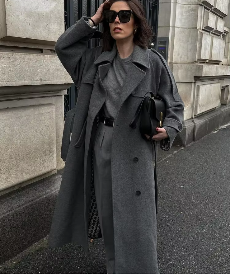 Women's Long Double-Breasted Trench Coat in Grey - alternate angle showing fit and fabric detail