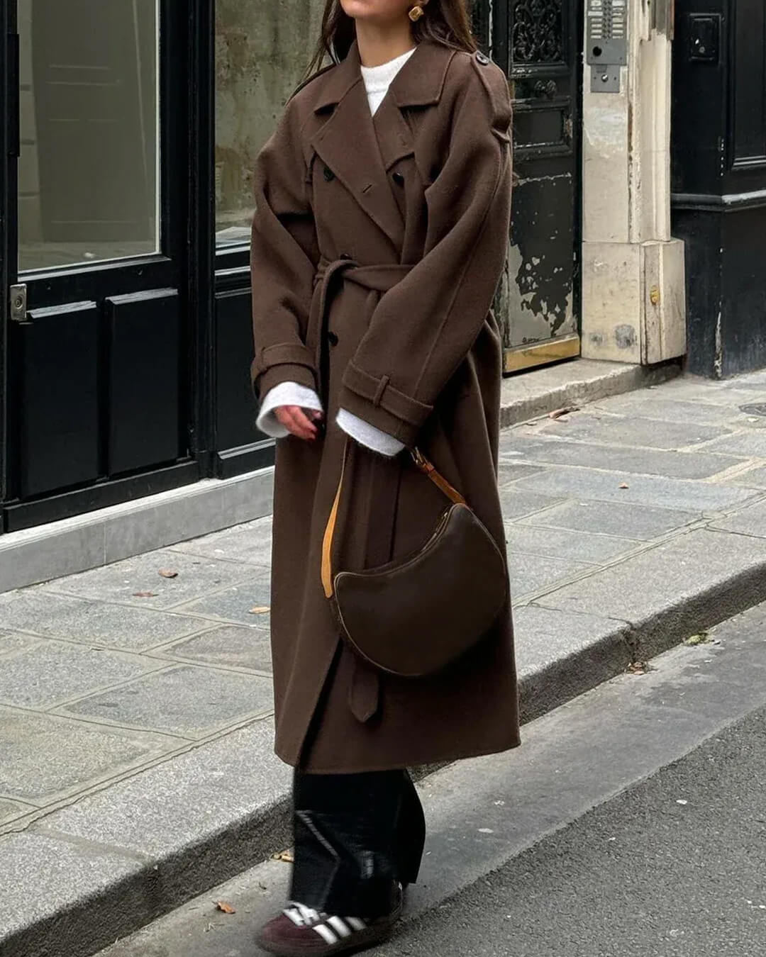 Women's Long Double-Breasted Trench Coat in Brown - alternate angle showing fit and fabric detail