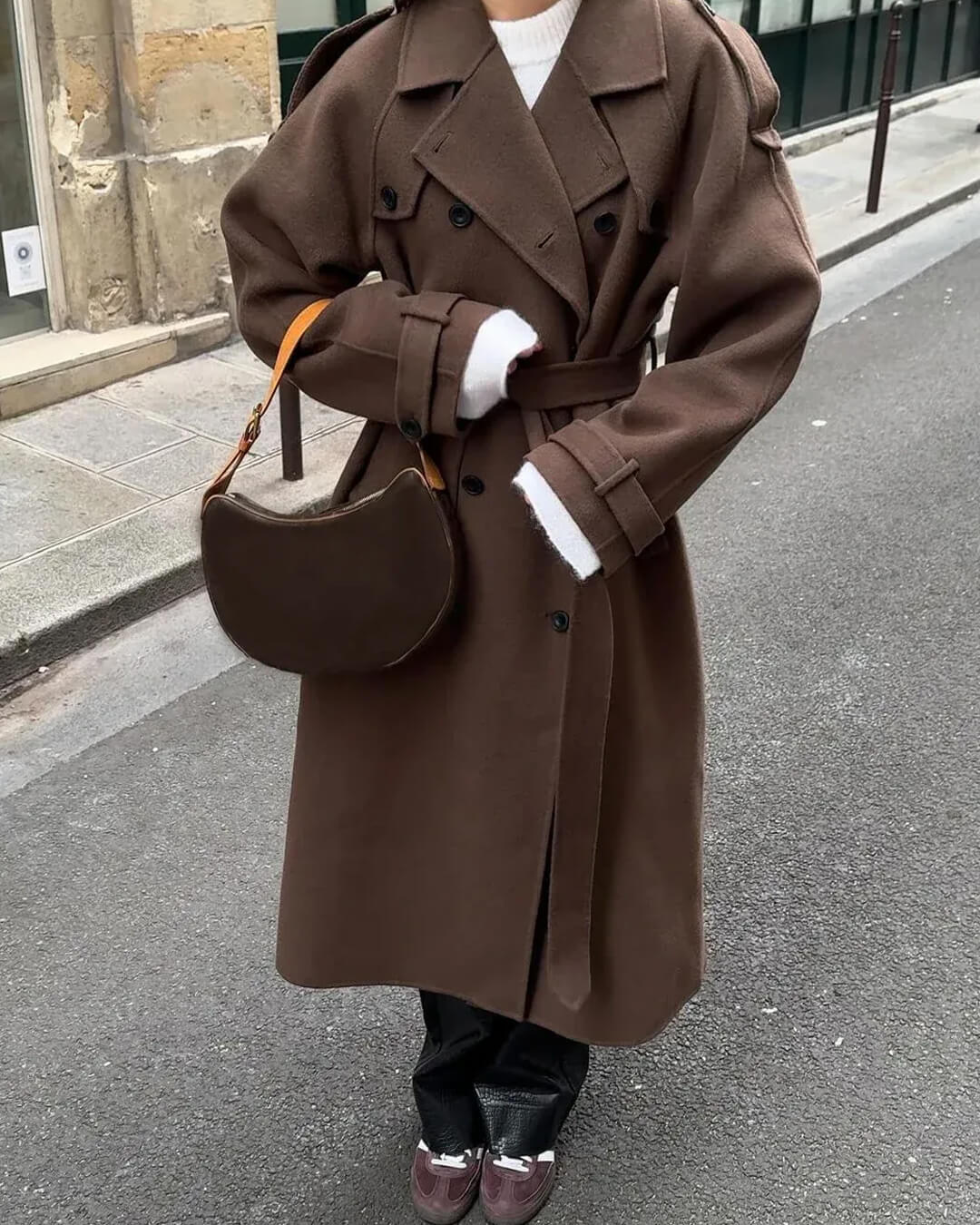 Women's Long Double-Breasted Trench Coat in Brown - front view