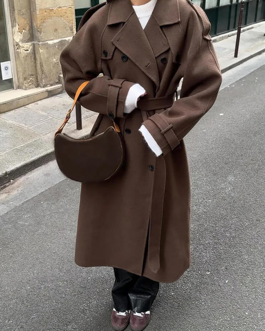 Women's Long Double-Breasted Trench Coat in Brown - front view
