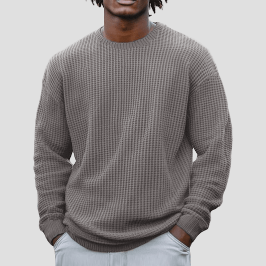 Men's Chunky Waffle Knit Crewneck Sweater in Gray - front view