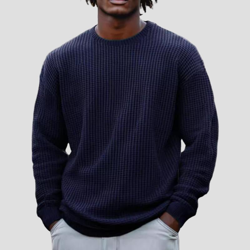 Men's Chunky Waffle Knit Crewneck Sweater in Navy Blue - front view