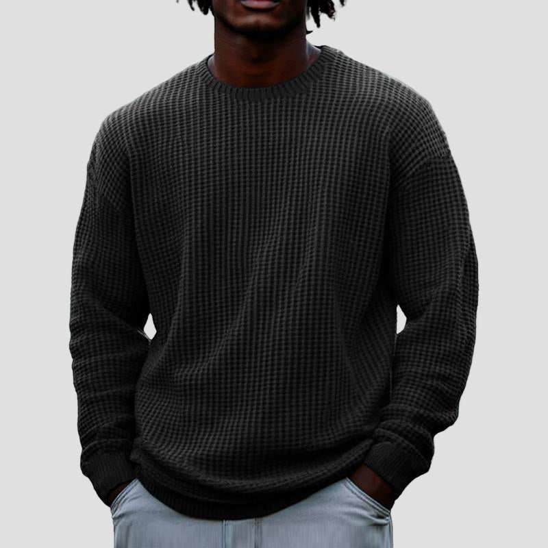 Men's Chunky Waffle Knit Crewneck Sweater in Black - front view