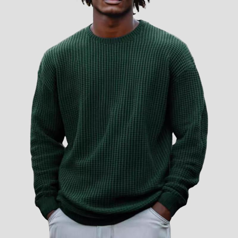 Men's Chunky Waffle Knit Crewneck Sweater in Dark Green - front view
