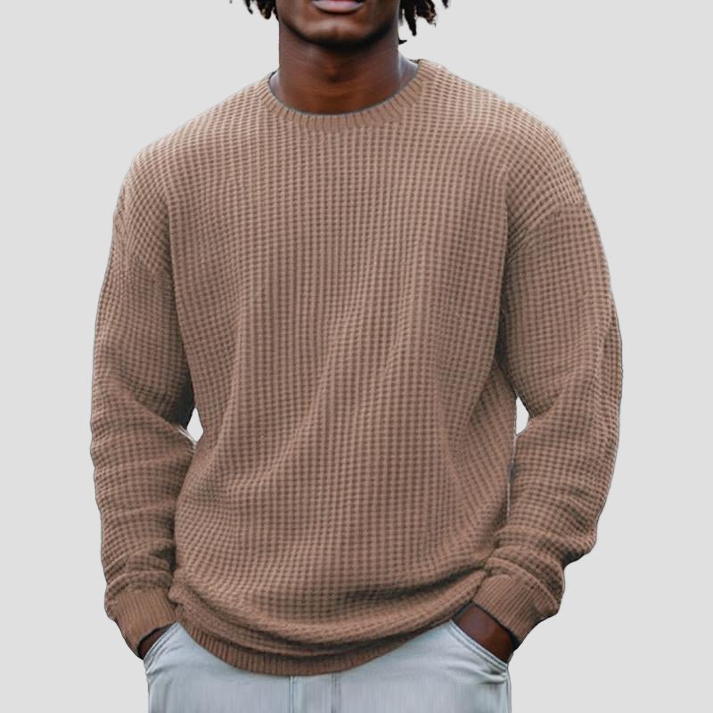 Men's Chunky Waffle Knit Crewneck Sweater in Apricot - front view