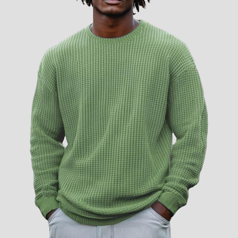 Men's Chunky Waffle Knit Crewneck Sweater in Green - front view