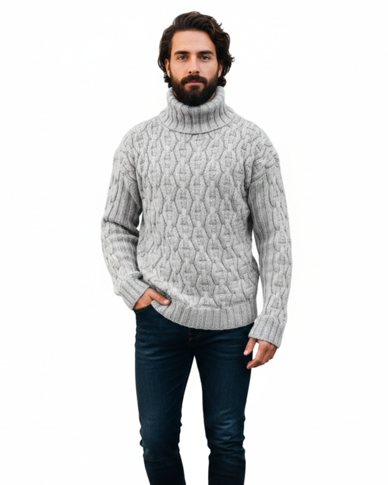 Men's Chunky Cable Knit Turtleneck Sweater in Grey - front view