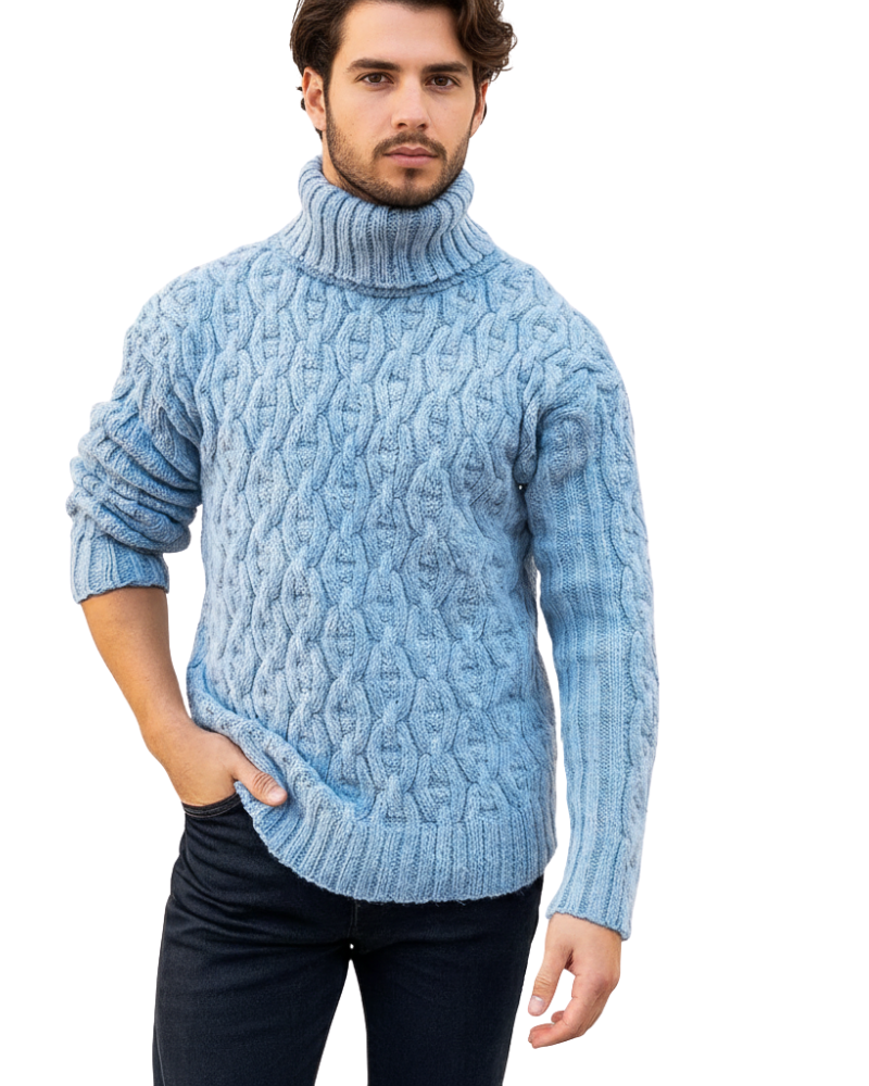 Men's Chunky Cable Knit Turtleneck Sweater in Blue - front view