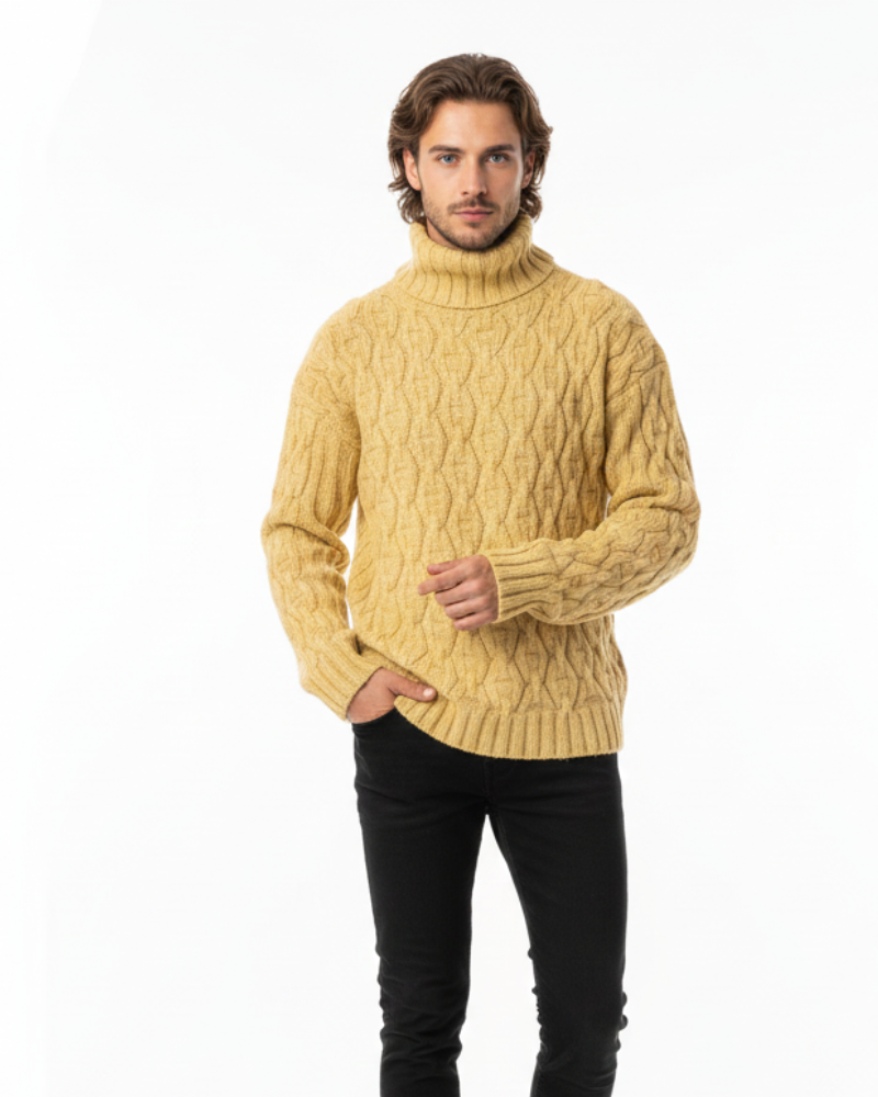 Men's Chunky Cable Knit Turtleneck Sweater in Beige - front view