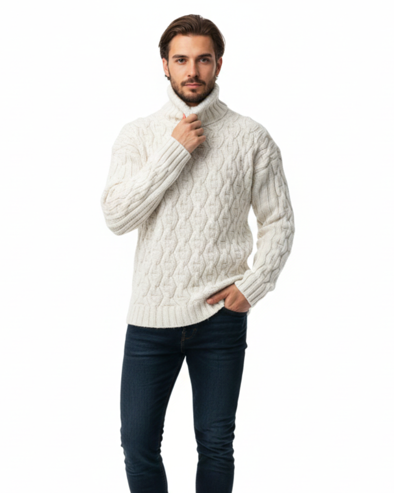 Men's Chunky Cable Knit Turtleneck Sweater in White - front view