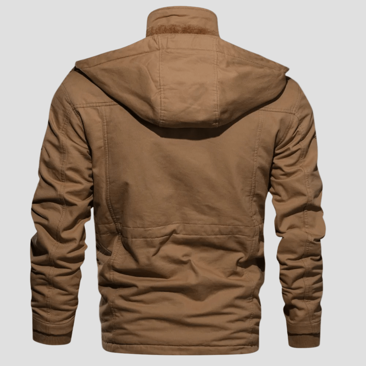 Men's Hooded Cargo Winter Jacket with Plush Lining in Khaki - alternate angle showing fit and fabric detail