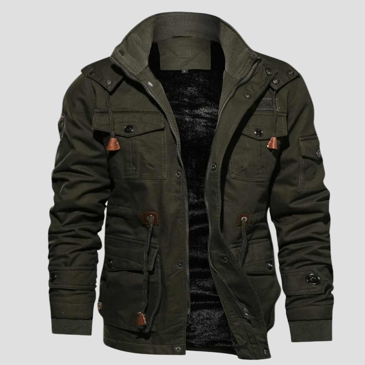 Men's Hooded Cargo Winter Jacket with Plush Lining in Army Green - front view