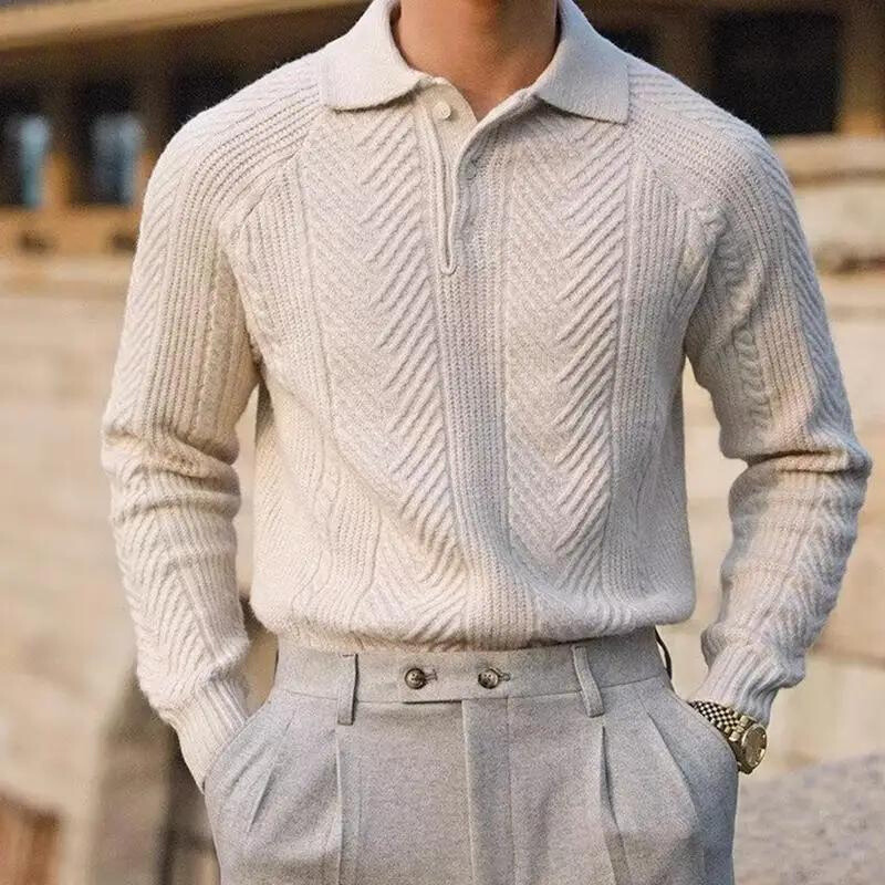 Men's Cable Knit Polo Sweater in Ivory Sand - front view