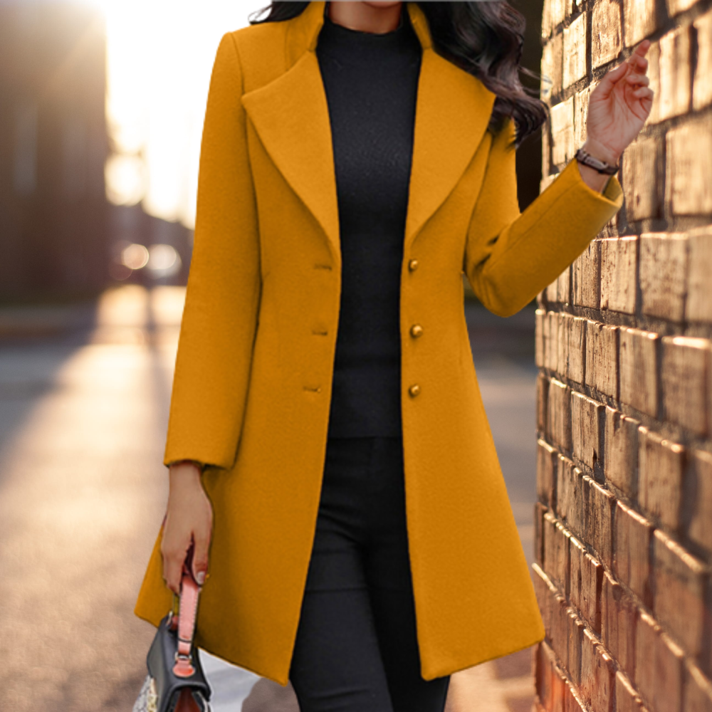 Women's Fitted Long Coat in Yellow - front view