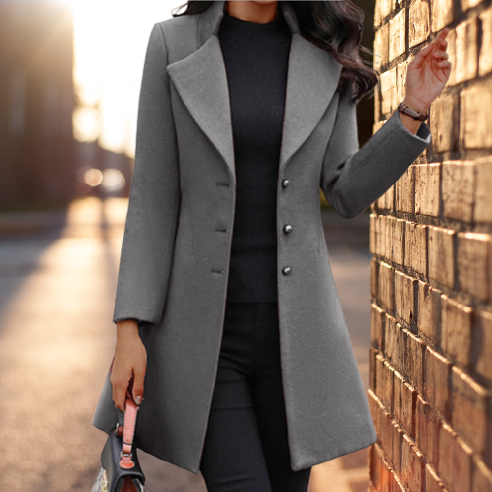 Women's Fitted Long Coat in Grey - front view