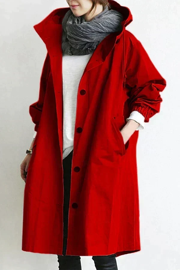 Women's Hooded Long Rain Jacket in Red - front view