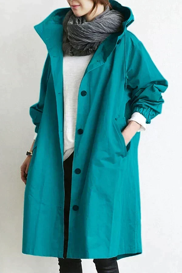Women's Hooded Long Rain Jacket in Turquoise - front view
