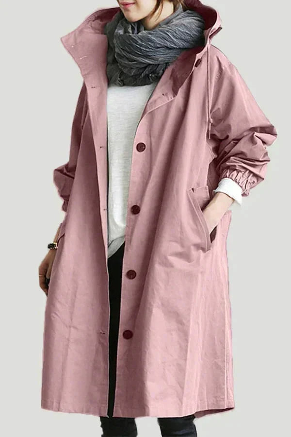 Women's Hooded Long Rain Jacket in Pink - front view