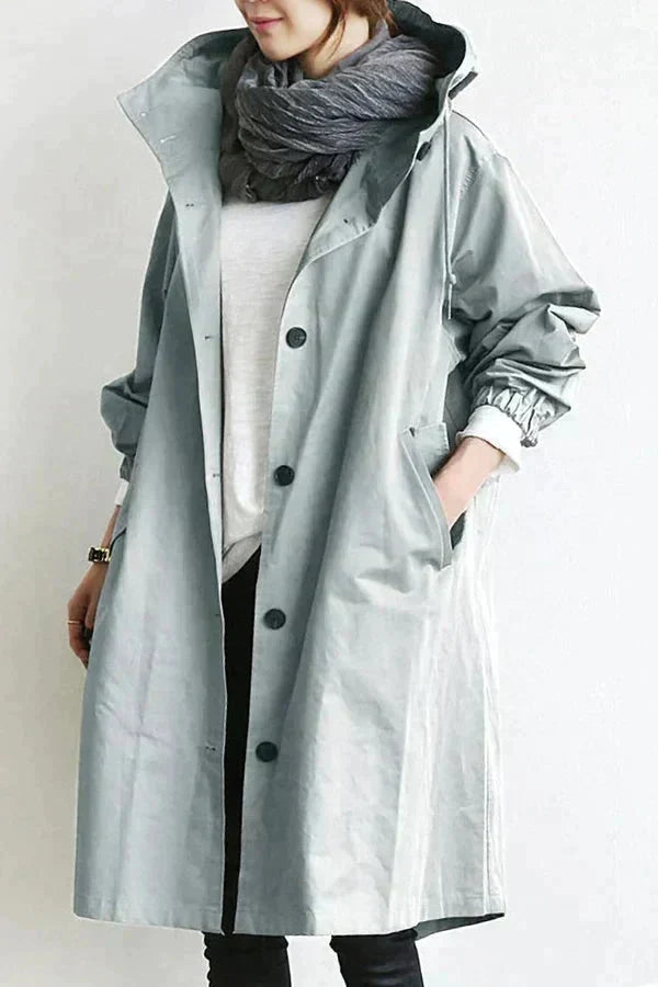 Women's Hooded Long Rain Jacket in Grey - front view