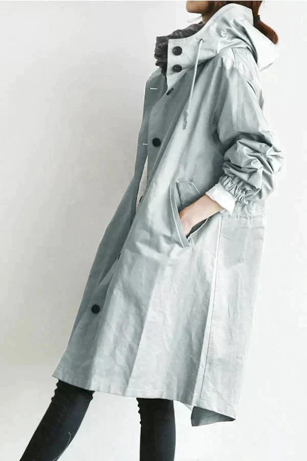 Women's Hooded Long Rain Jacket in Grey - alternate angle showing fit and fabric detail