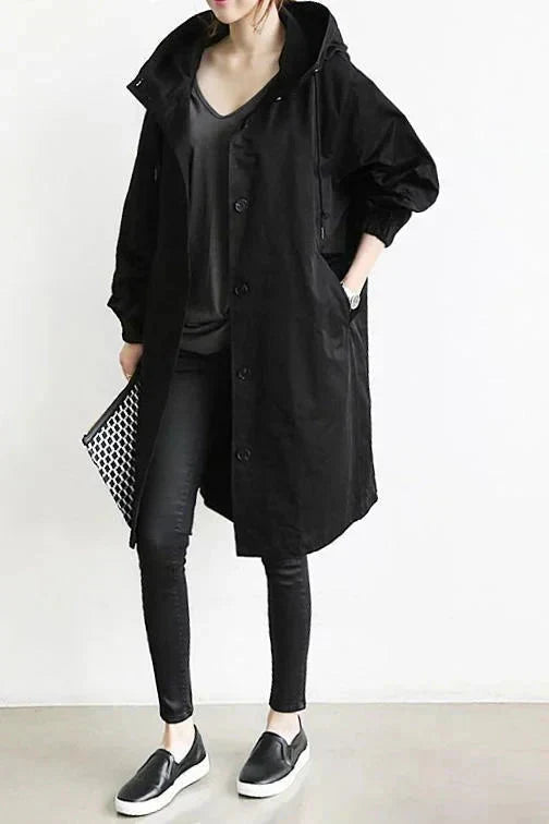 Women's Hooded Long Rain Jacket in Black - front view