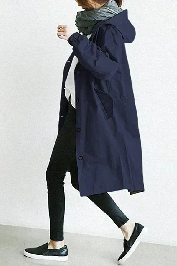 Women's Hooded Long Rain Jacket in Navy - front view