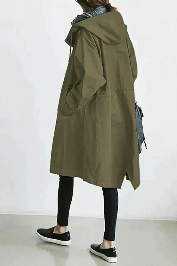 Women's Hooded Long Rain Jacket in Green - front view