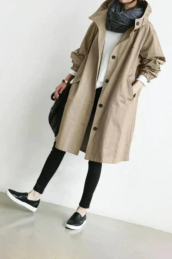 Women's Hooded Long Rain Jacket in Beige - front view