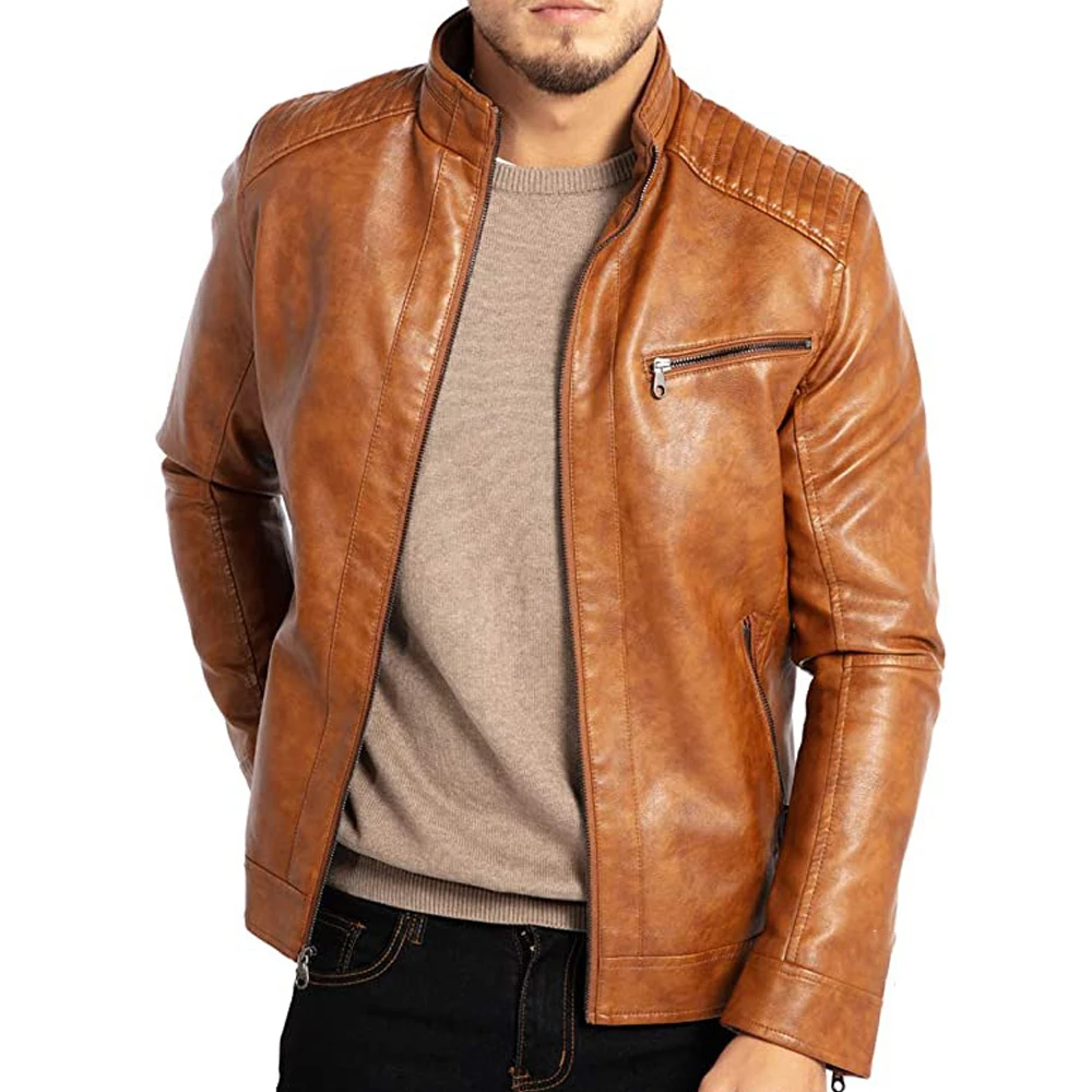 Men's Slim Fit Faux Leather Moto Jacket in Brown - front view