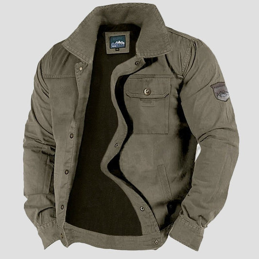 Men's Fleece-Lined Field Jacket with Button Front in Green - front view
