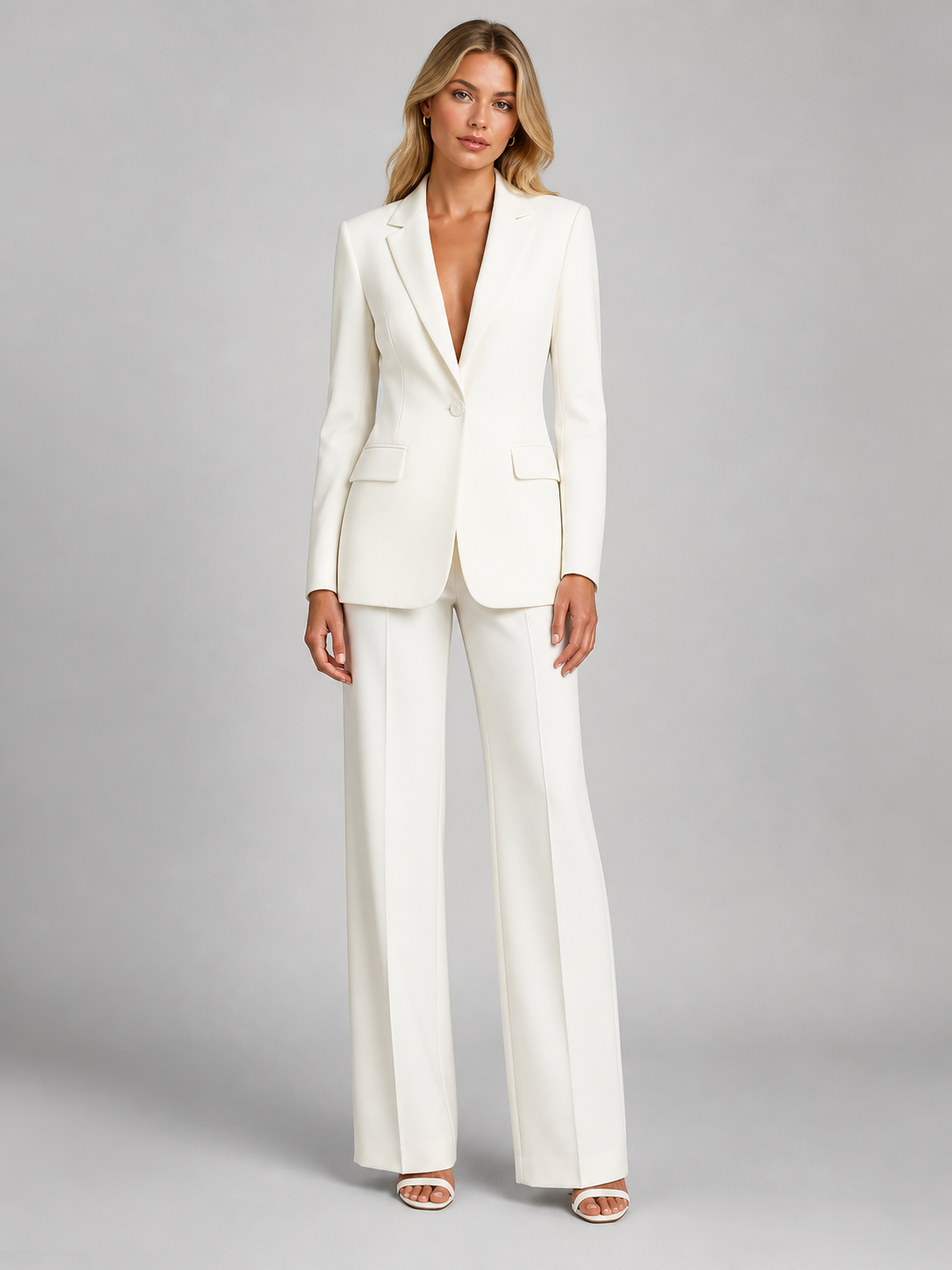 Women's Tailored Blazer and Wide-Leg Trousers Set in White - front view