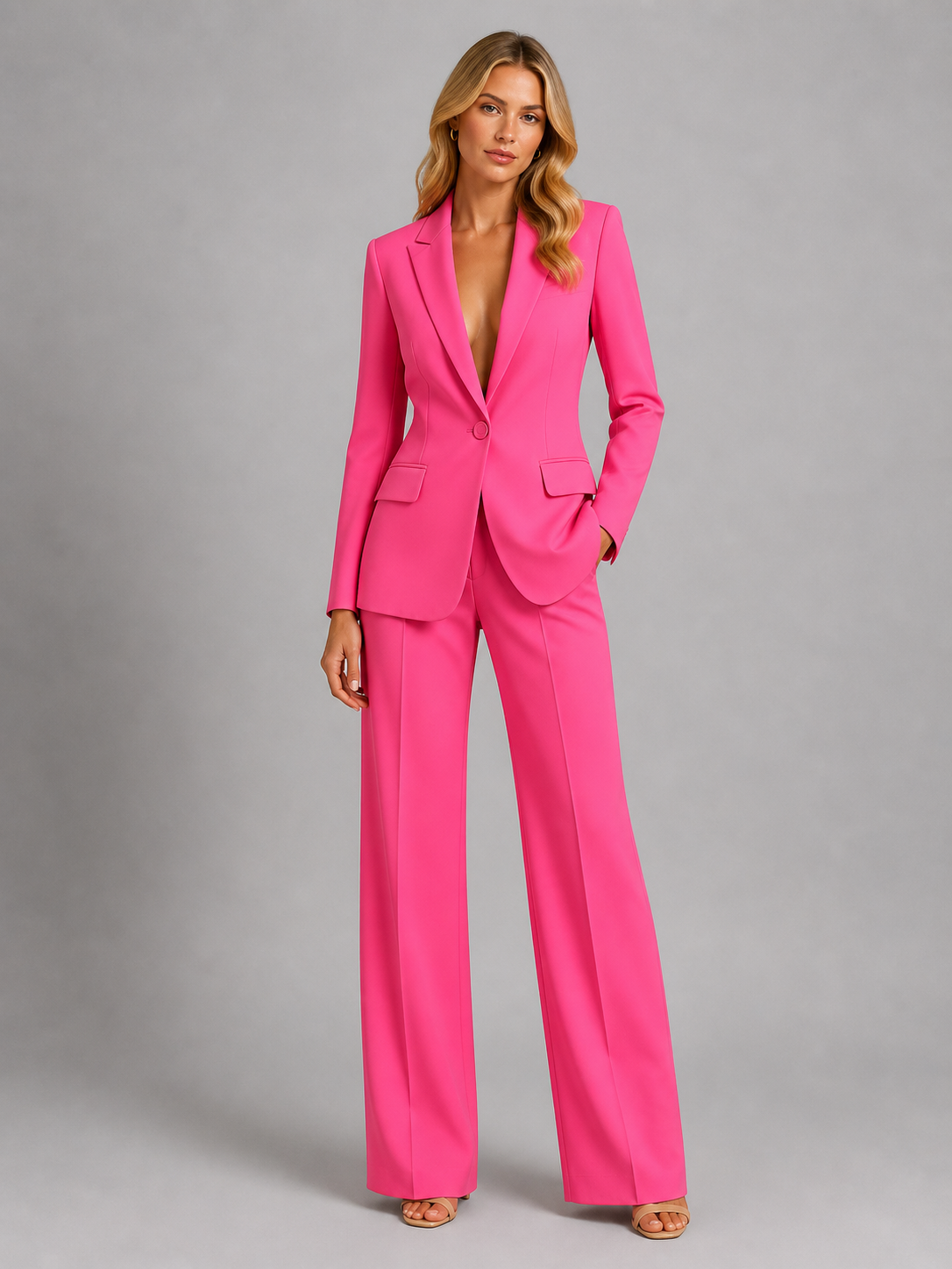 Women's Tailored Blazer and Wide-Leg Trousers Set in Pink - front view