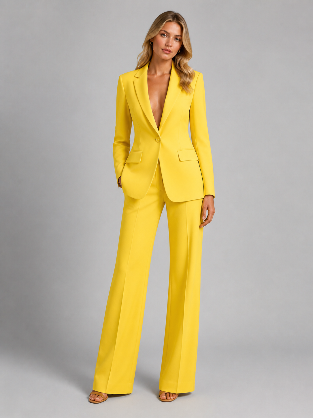 Women's Tailored Blazer and Wide-Leg Trousers Set in Yellow - front view