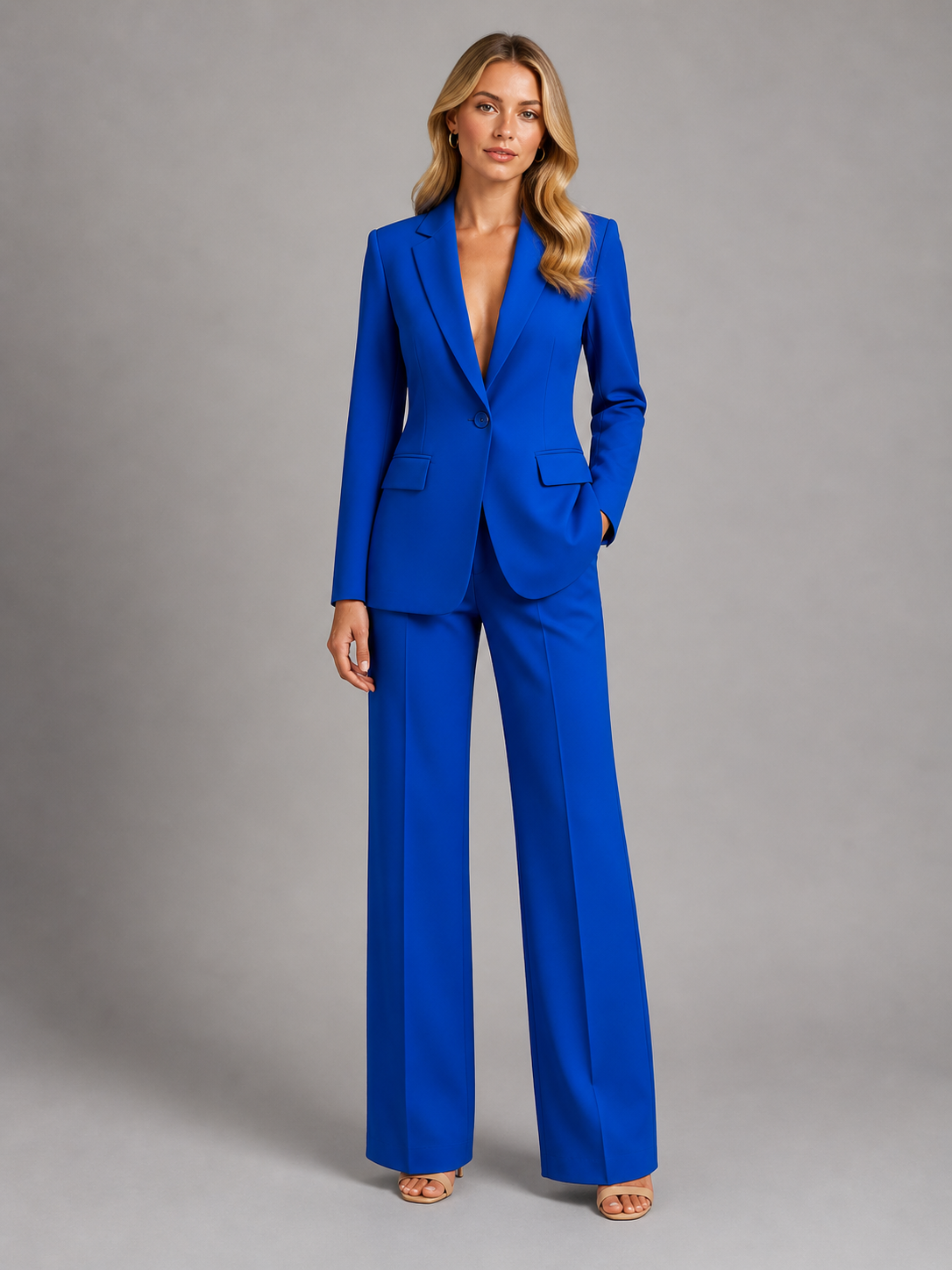 Women's Tailored Blazer and Wide-Leg Trousers Set in Blue - front view