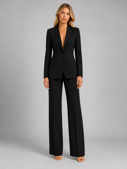 Women's Tailored Blazer and Wide-Leg Trousers Set in Black - front view