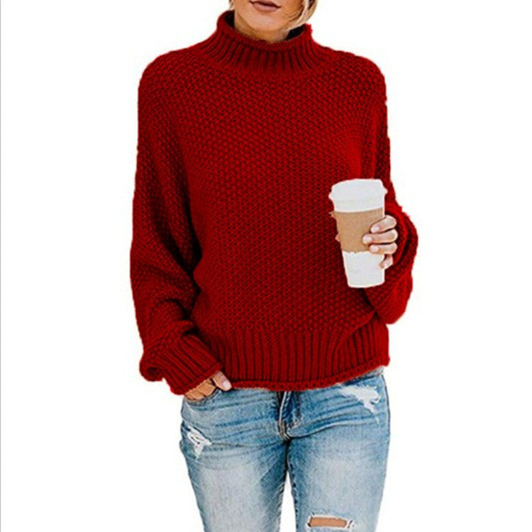 Women's Popcorn Knit Turtleneck Sweater in Red - front view