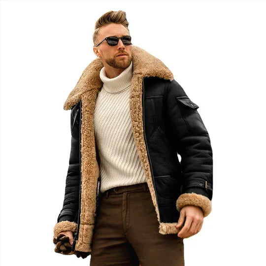 Men's Faux Shearling Aviator Jacket with Wide Collar in Black - front view