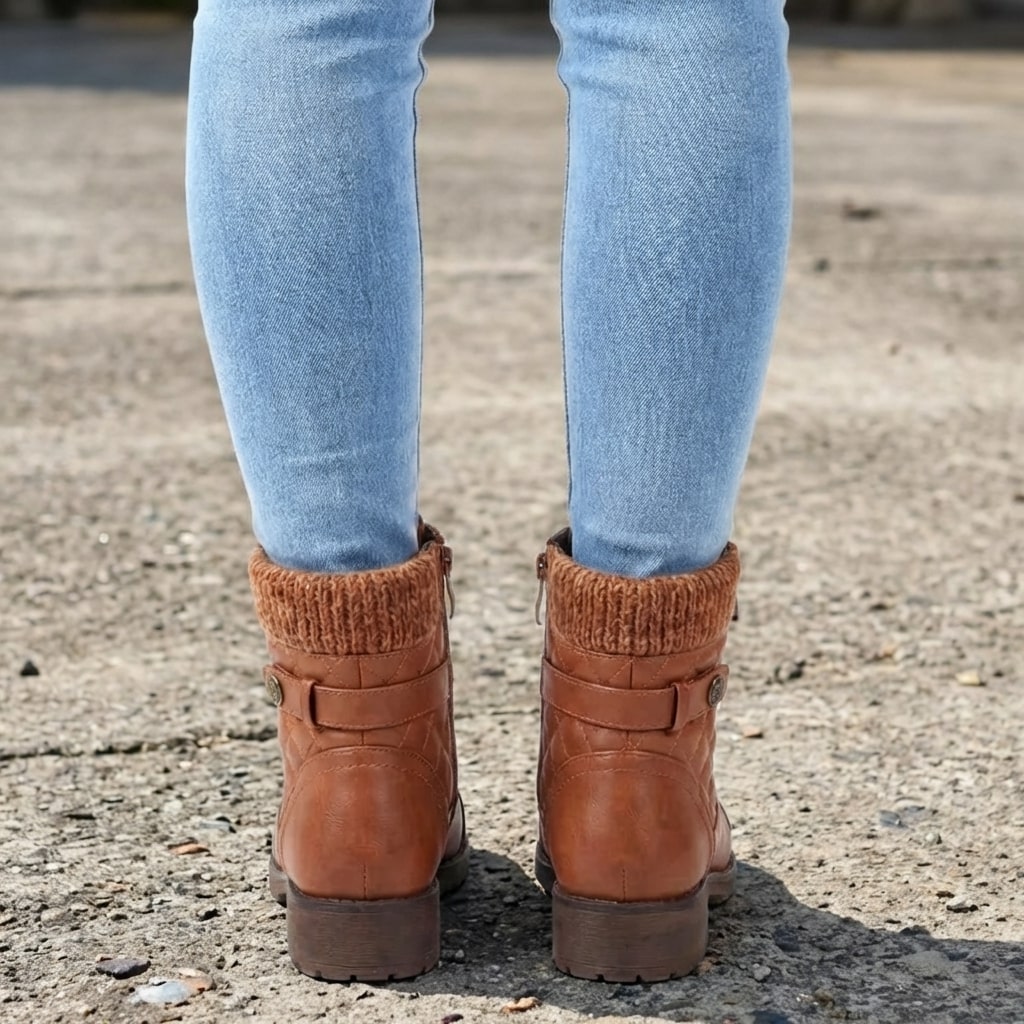 Women's Quilted Lace-Up Ankle Boots in Brown - alternate angle showing fit and fabric detail
