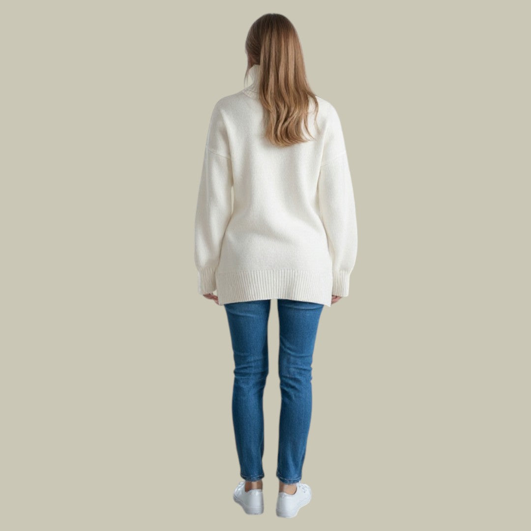 Women's Ribbed Funnel Neck Sweater in Black - alternate angle showing fit and fabric detail