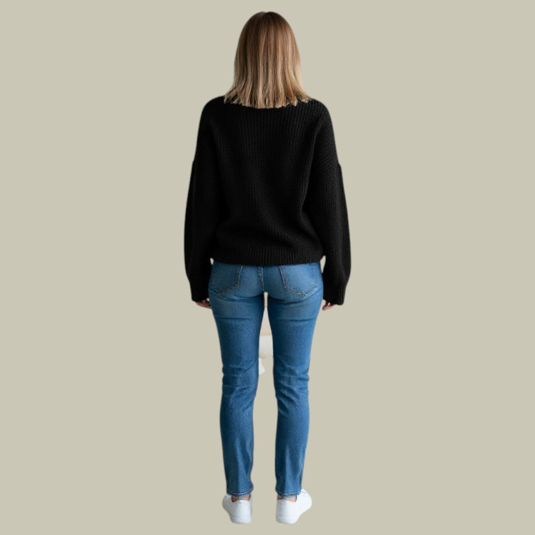 Women's Ribbed Funnel Neck Sweater in Black - alternate angle showing fit and fabric detail