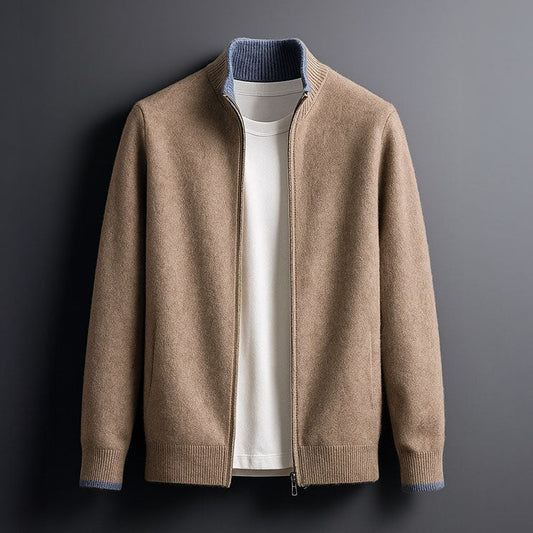 Men's Full-Zip Knit Jacket in Camel - front view