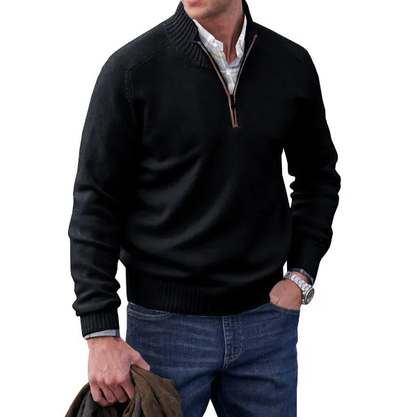 Men's Waffle Knit Quarter-Zip Sweater in Black - front view