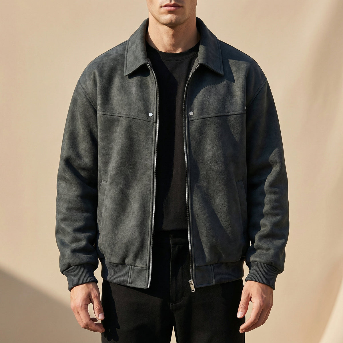 Men's Suede-Look Bomber Jacket in Grey - front view